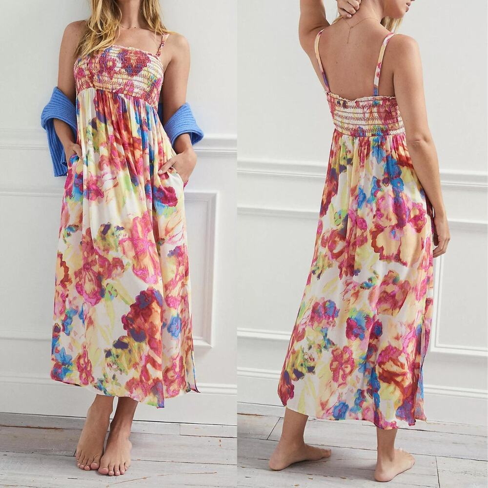 By Anthropologie Zinnia Floral Colorful Tie Dye Print Smocked Summer Midi Dress